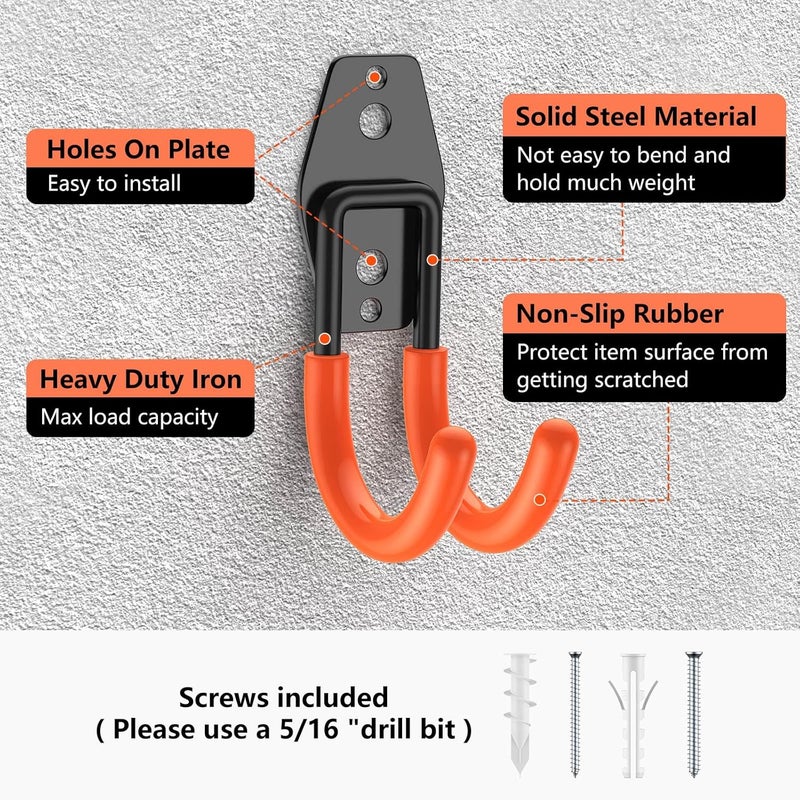 Cpais Garage Hooks with Anti-Slip Coating,Heavy Duty Wall Mount Storage Hooks for Hanging Bike,Hose,Ladder,Yard,Garden Tools (8 Pack Orange 4.7x2.6 inch) - Image 3